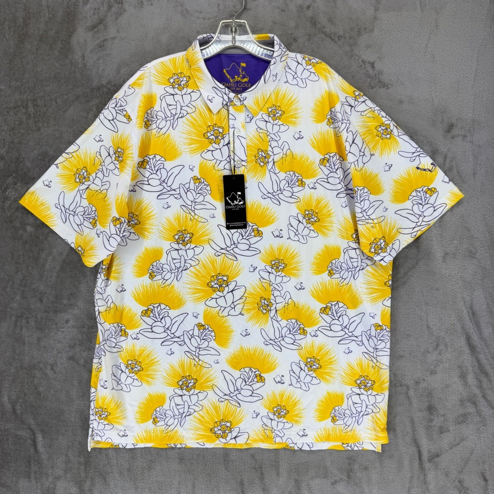 Oahu Golf Apparel Mens 2XL Yellow Floral Performance Polo Shirt UPF 50+ Hawaii‎